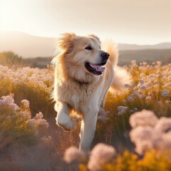 chien qui cours dans les fleurs