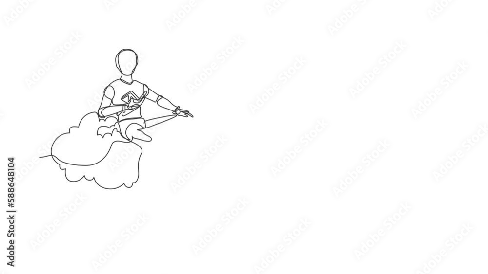 Poster self drawing animation of single line draw robot relaxes sitting on cloud reading book. technology d