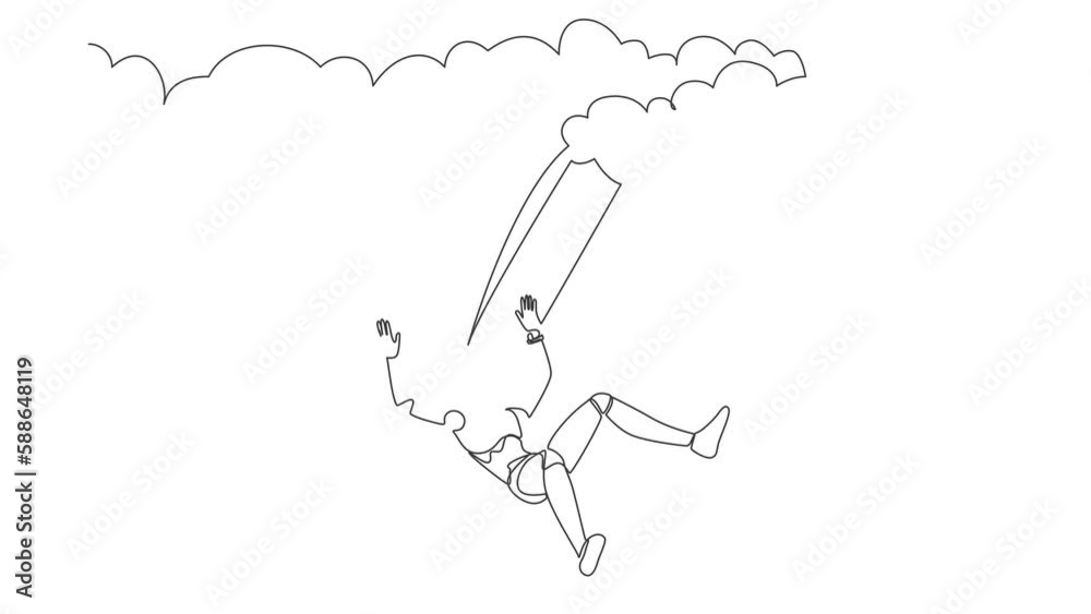 Poster animated self drawing of continuous line draw robot falling from cloud and sky. failure and defeat. 
