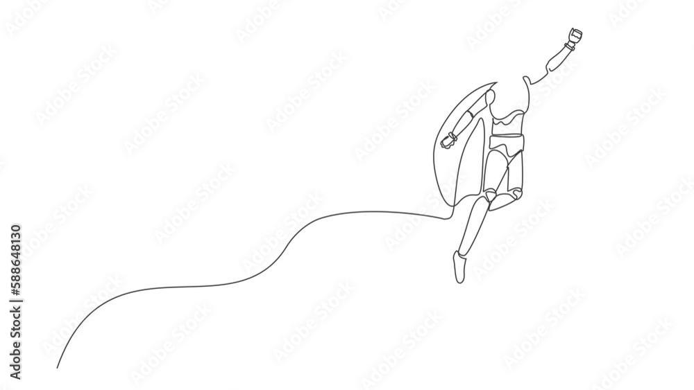 Poster self drawing animation of single one line draw robot superhero flies up to the sky. future technolog