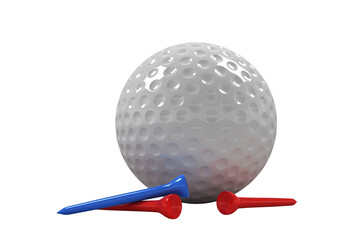 Close-up of golf ball with red and blue tees