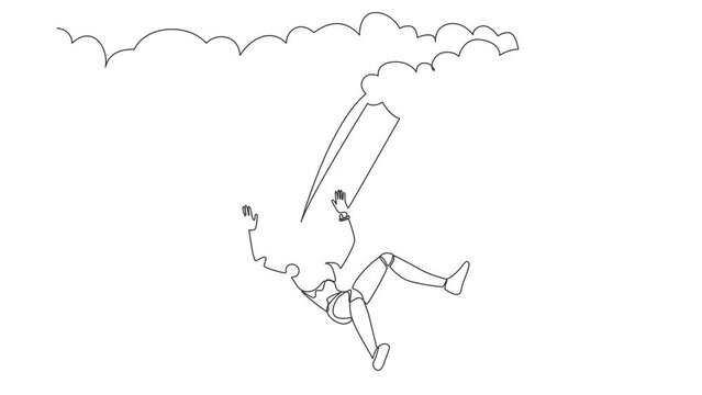 Animated self drawing of continuous line draw robot falling from cloud and sky. Failure and defeat. Humanoid robot cybernetic organism. Future robotic development. Full length single line animation