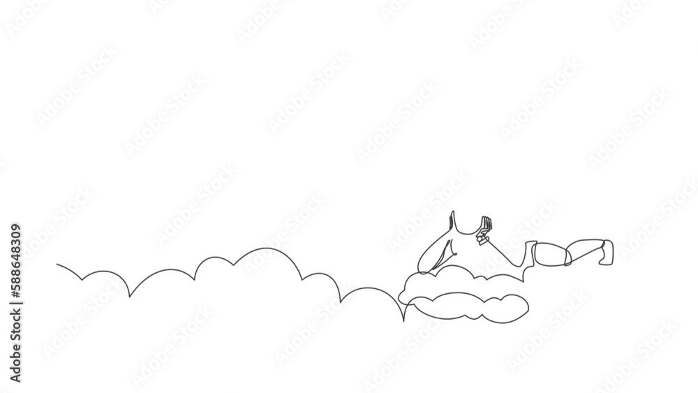 Poster animated self drawing of continuous line draw robot lay on the clouds, dreaming or thinking somethin