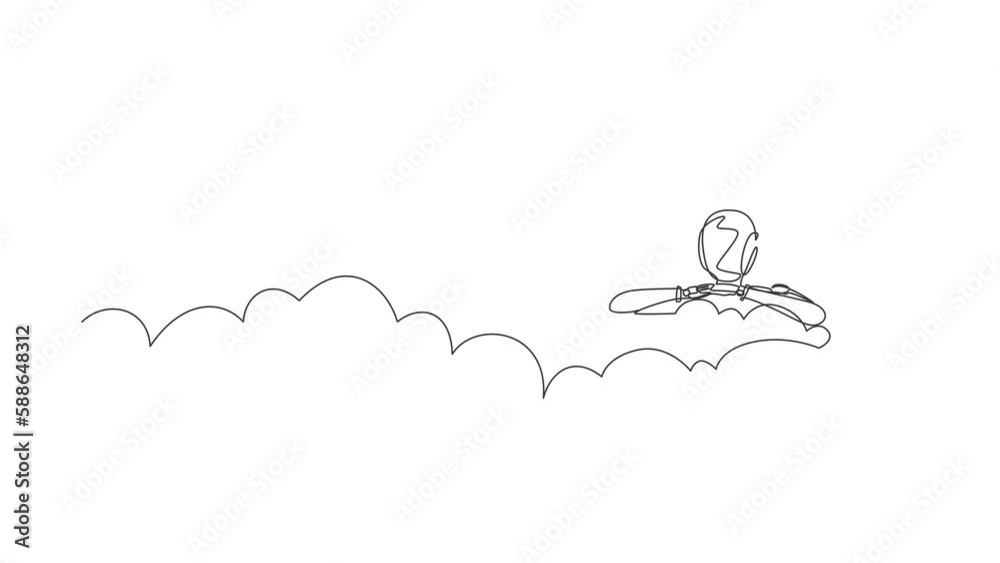 Poster self drawing animation of single line draw robot hang in clouds. hoping for success. future technolo