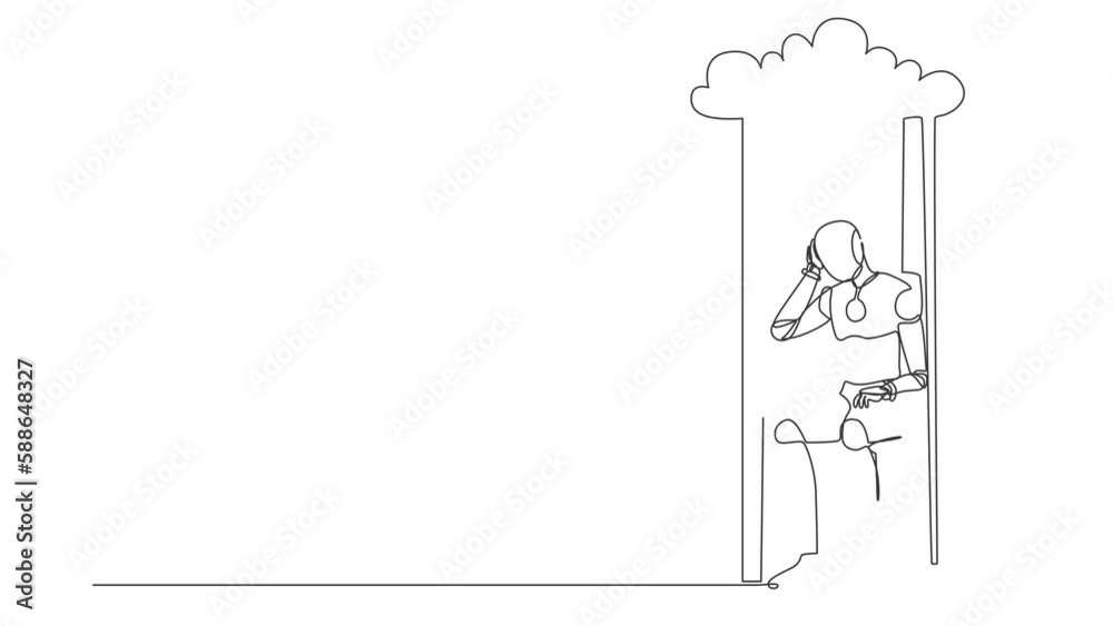 Poster self drawing animation of single line draw robot sitting on chair under rain cloud. future technolog