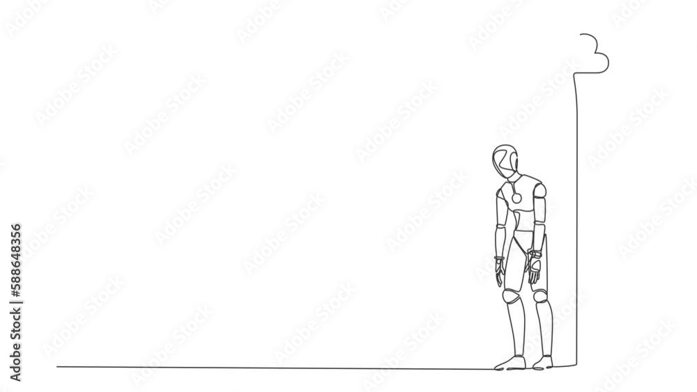 Poster animated self drawing of continuous line draw unhappy depressed sad robot in stress walking under ra