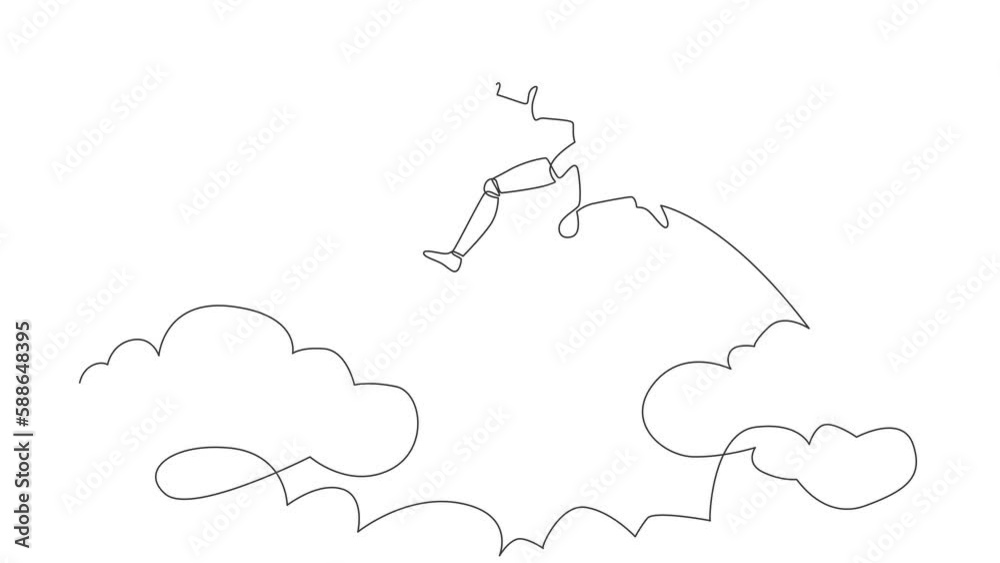 Poster self drawing animation of single one line draw fearless robot make risk by jump over clouds to reach