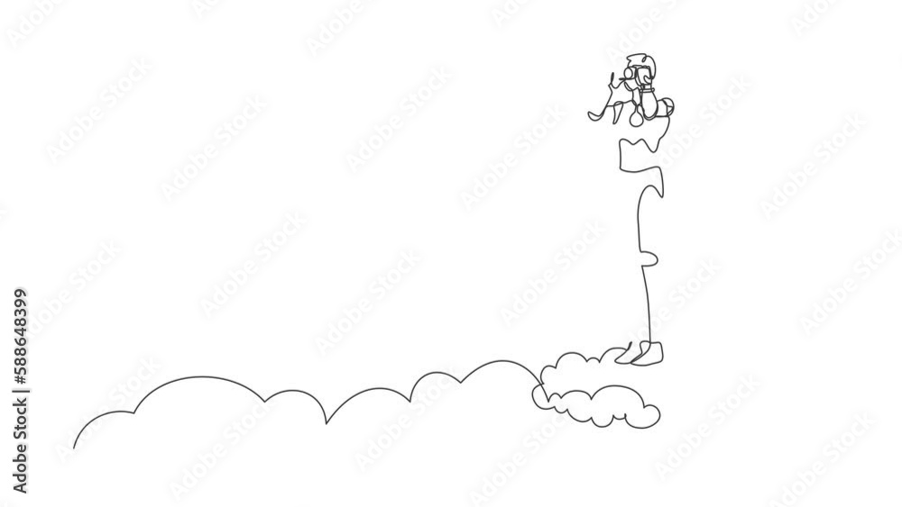 Poster self drawing animation of single one line draw robot on cloud holding binocular to search for busine
