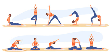 Set of cartoon character of young woman in sportswear doing stretching exercises. Practicing yoga alone. Physical activity and healthy lifestyle. Time for training indoor. Vector