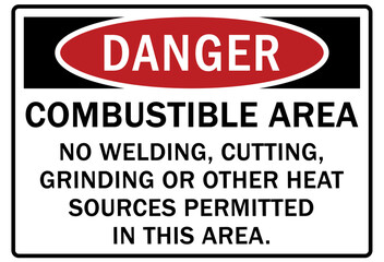 Welding hazard sign and labels combustible area. NO welding, cutting, grinding or other heat source permitted in this area