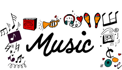 Naklejka premium Music text surrounded by various colorful vector icons