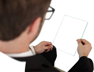 High angle view of businessman holding glass interface