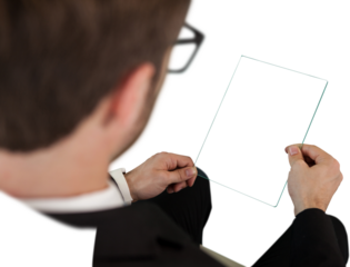 High angle view of businessman holding glass interface