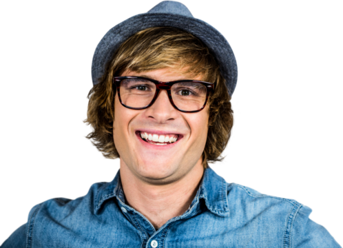Smiling blond hipster staring at camera