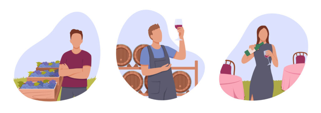 Set of cartoon characters of young people manufacturing organic wine. Process of growing organic grapes to make alcohol drinks. Time for vinification. Vector