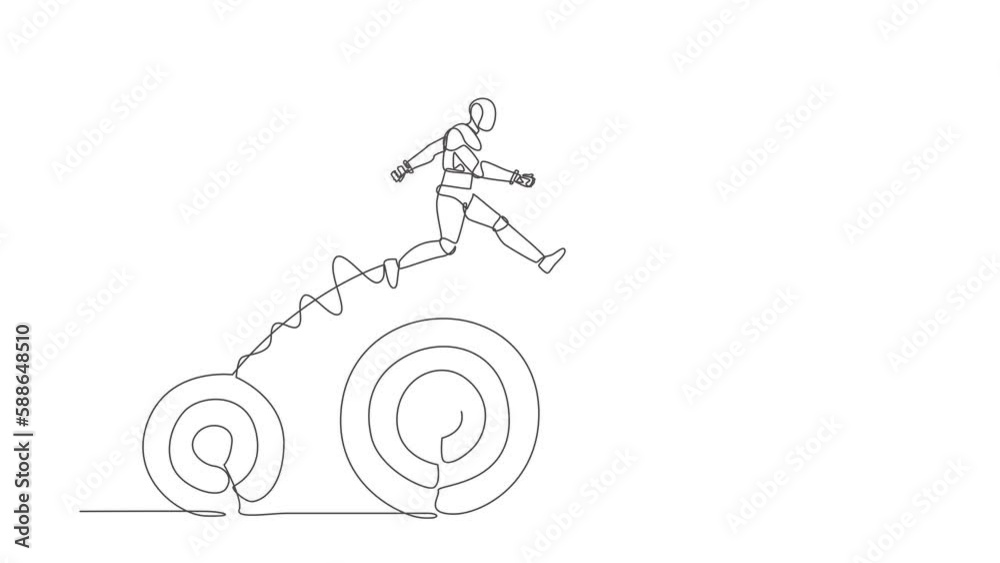 Poster self drawing animation of single one line draw robot jumping up higher target goals. the business ne