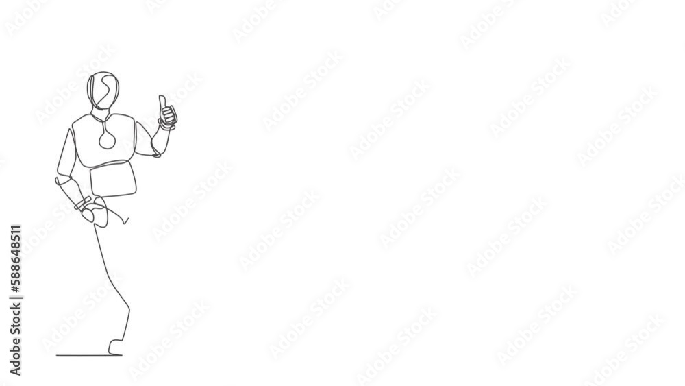 Poster self drawing animation of single line draw robot leaning with thumbs up gesture. future technology d