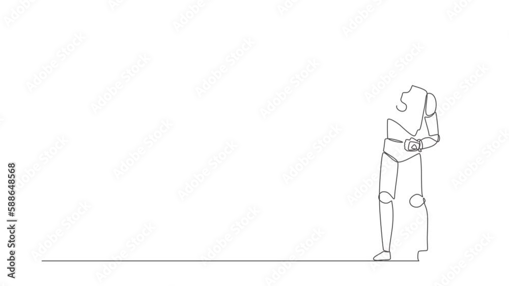 Poster animated self drawing of continuous line draw robot standing on peak of cliff targeting arrow to dar