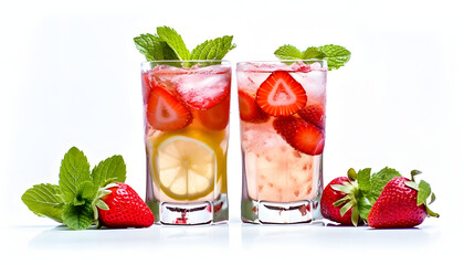 Refreshing Strawberry Lemonade with Crushed Ice and Mint isolated on white, Generative AI