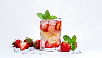 Refreshing Strawberry Lemonade with Crushed Ice and Mint isolated on white, Generative AI