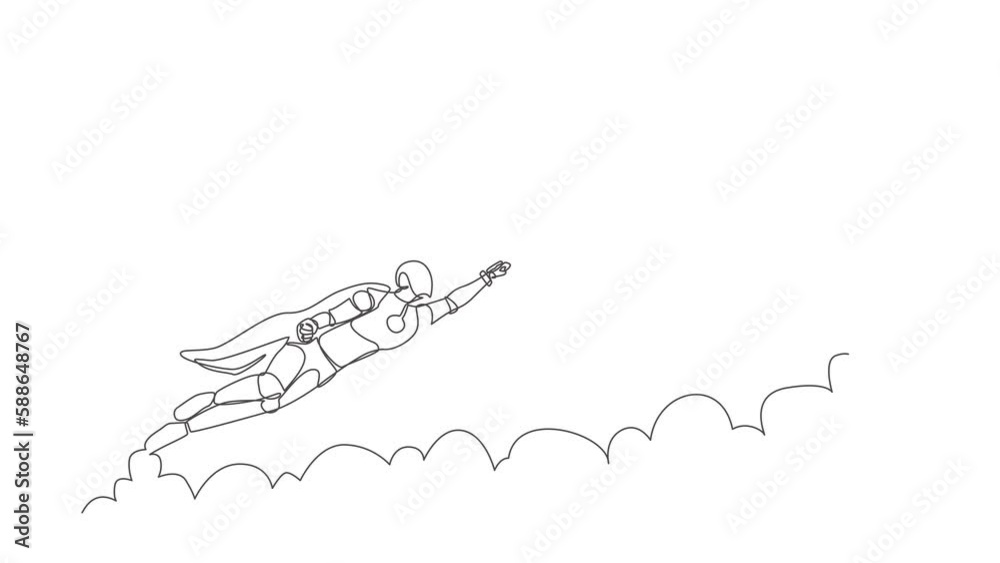 Poster self drawing animation of single line draw robot in cloak flying up to target. business success. fut