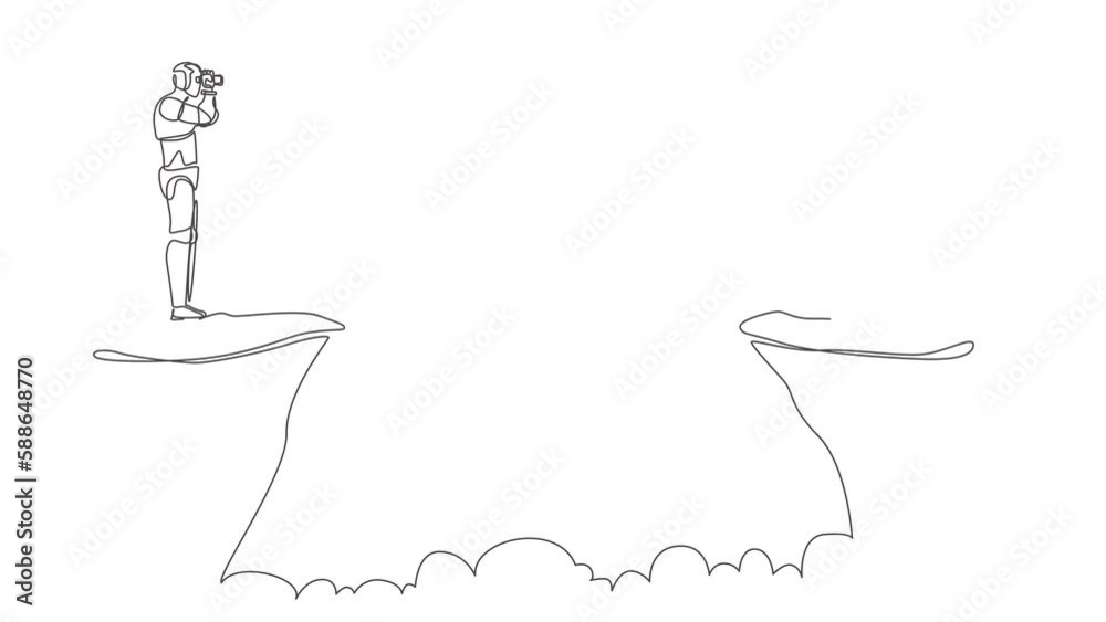 Poster animated self drawing of continuous one line draw robot standing on cliff with binoculars in hand. b
