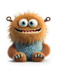 Fototapeta premium Happy and furry little monster on white background, created with generative AI