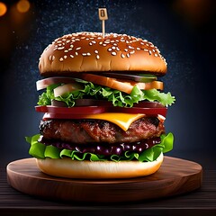 Hot delicious burger with beef, cheese and tomatoes,  generative AI