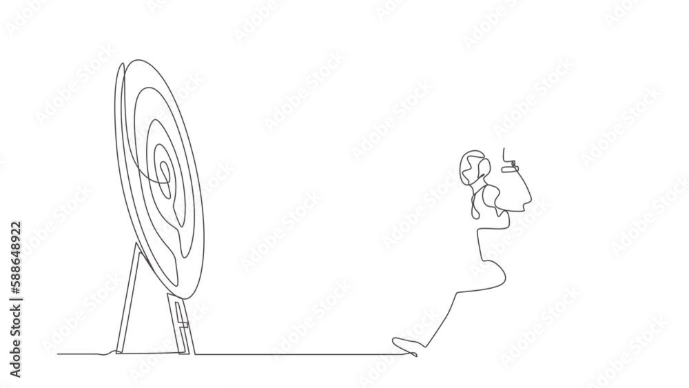 Poster self drawing animation of single one line draw robot point big arrow on target. achievement. future 