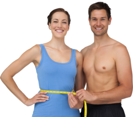 Fit young man measuring womans waist