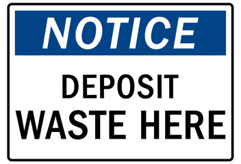 Trash sign and labels deposit waste here