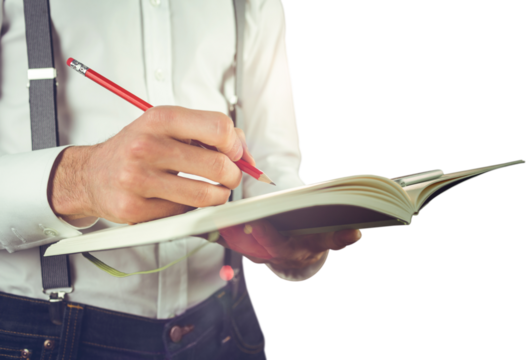 Mid section of man writing on diary - Powered by Adobe
