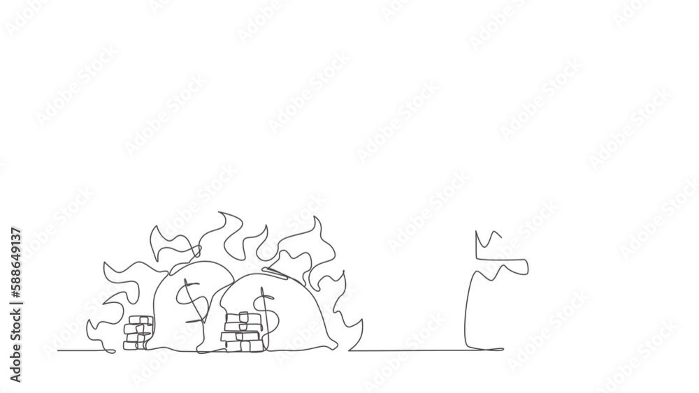 Poster self drawing animation of single one line draw robot kneeling. finances burning up. global financial