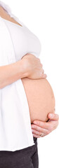 Side view of pregnant woman holding stomach