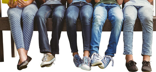 Lowsection of people sitting on bench against white background