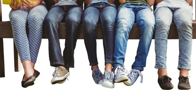Lowsection of people sitting on bench against white background