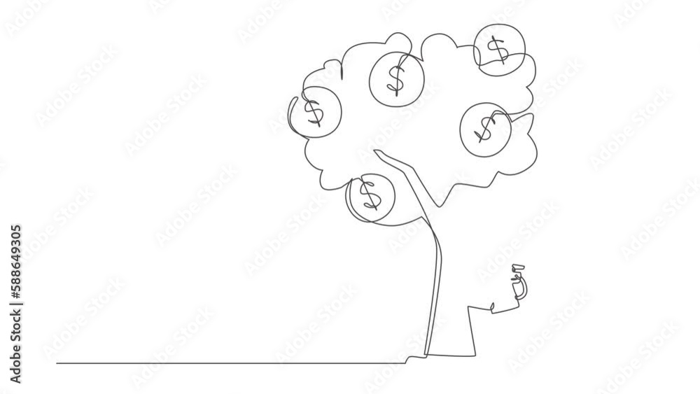 Poster animated self drawing of single continuous line draw robot watering tree with coins dollar symbol. p