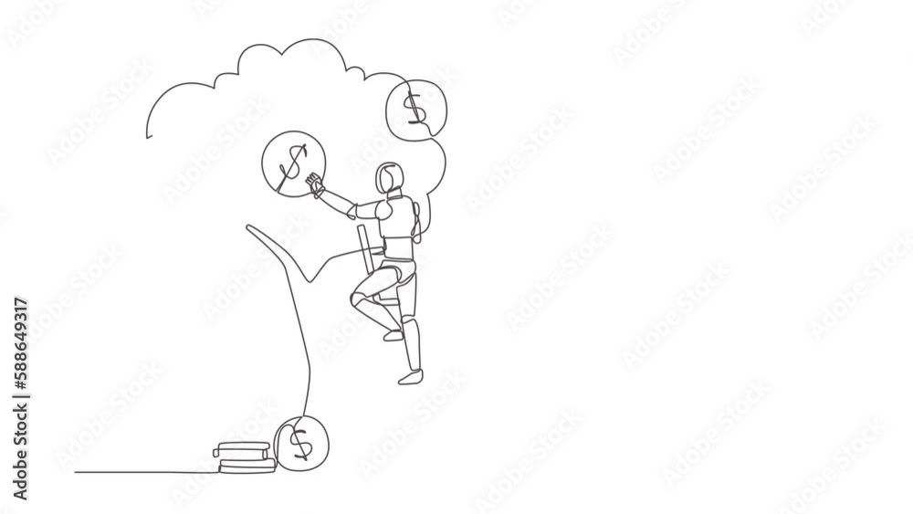 Poster animated self drawing of single continuous line draw robot picking dollars from money tree. modern r