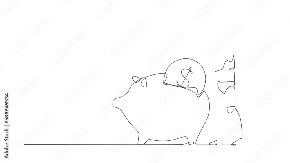 Poster animated self drawing of continuous one line draw robot putting dollar coin into piggy bank. humanoi