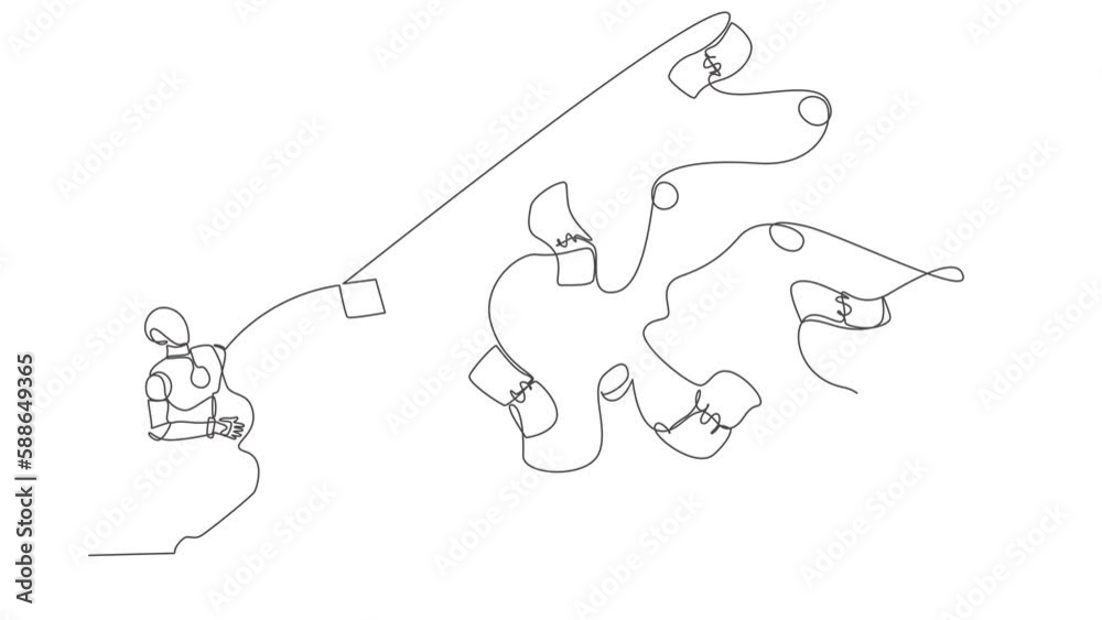 Poster self drawing animation of single line draw robot using big magnet to attract money. future technolog