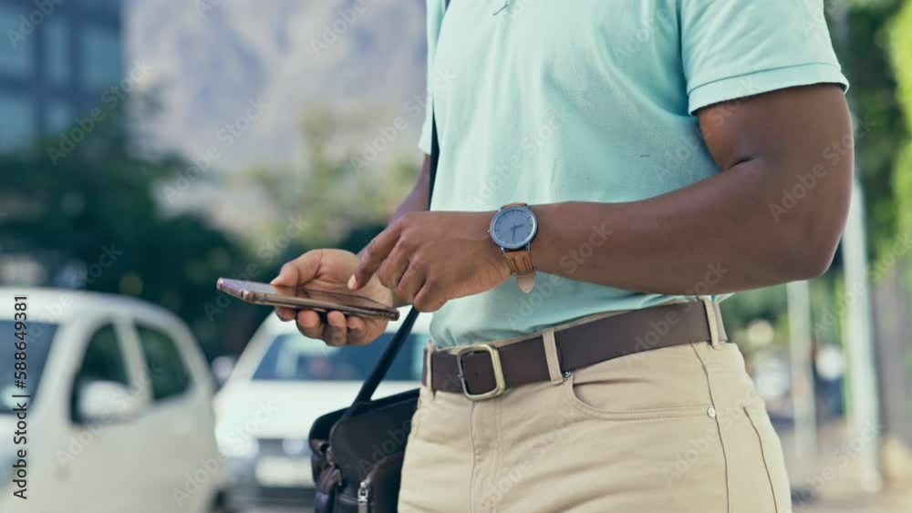 Poster closeup, travelling and man with smartphone, typing and social media with connection, texting and ch