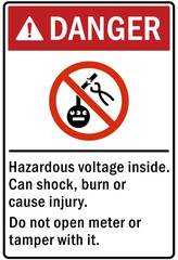 Electric meter room safety sign and labels hazardous voltage inside. Can shock, burn or cause injury. Do not open meter or tamper with it