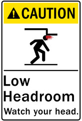 Watch your head warning sign and labels low headroom, watch your head