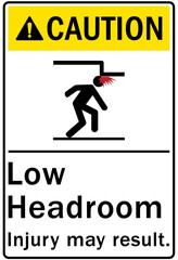 Watch your head warning sign and labels low headroom, injury may result