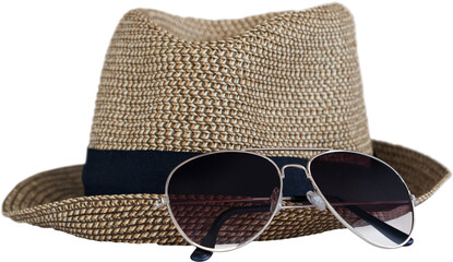 Close-up of sunglasses and hat
