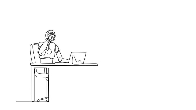Animated self drawing of continuous line draw robot work at laptop feeling bad, headache, exhausted. Humanoid robot cybernetic organism. Future robotics development. Full length single line animation