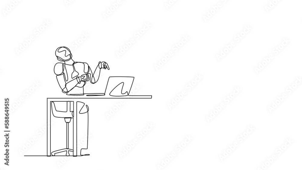 Poster animated self drawing of continuous one line draw robot manager laughing out loud while pointing fin