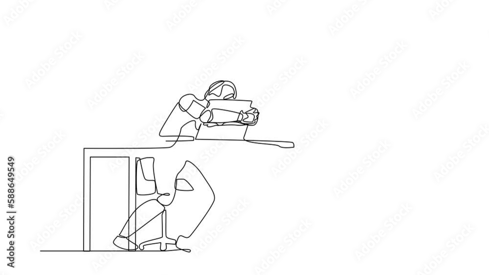Poster animated self drawing of single continuous line draw robot sitting and hugging laptop at office. mod