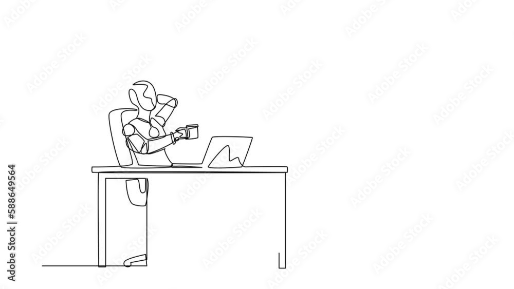 Poster animated self drawing of continuous line draw robot relaxed at desk and drink cup of coffee. humanoi