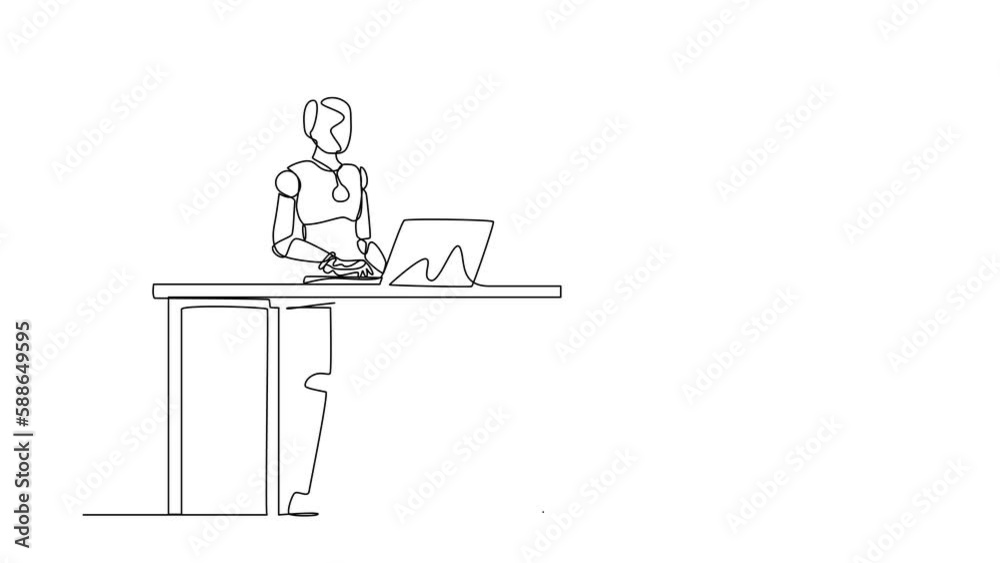 Poster animated self drawing of continuous line draw smart robot standing and working behind desk. modern r